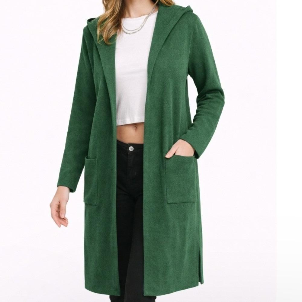 Pinch Womens S/M Longline‎ Hooded Mix Rib Pocketed Cardigan Green